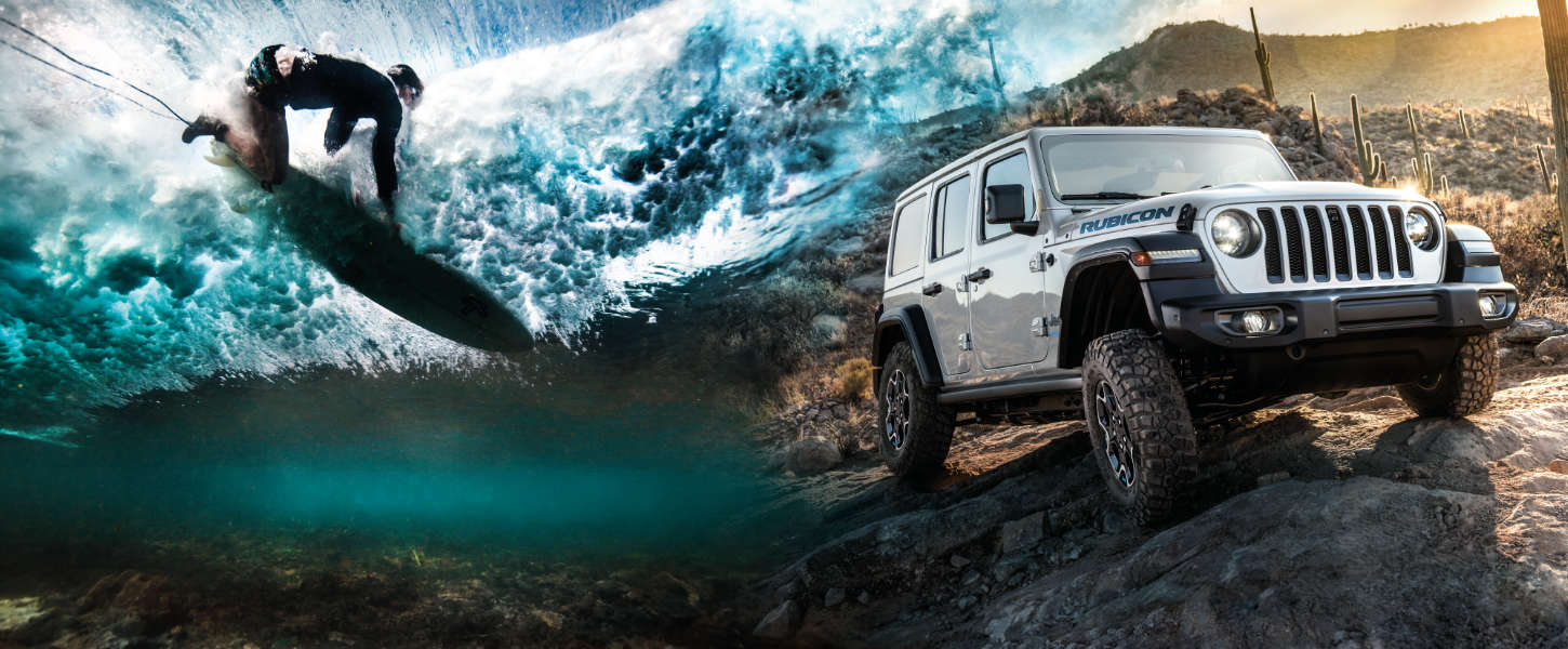 Колаж з серфінгістом та Jeep Wrangler